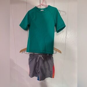 Mini Boden Teal Short-Sleeve Rashguard with Gray Swim Shorts